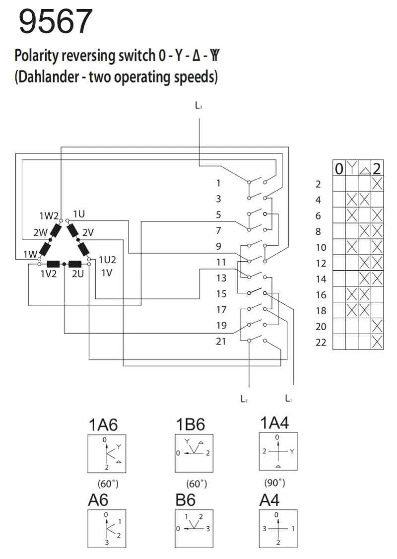 Konrak Dahlander switch diagram Polarity reversing switch 0-Y-D-YY Two operating speeds